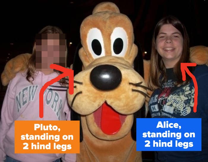 The writer taking a picture with someone in a Pluto costume, and noting that both of them are standing on two legs