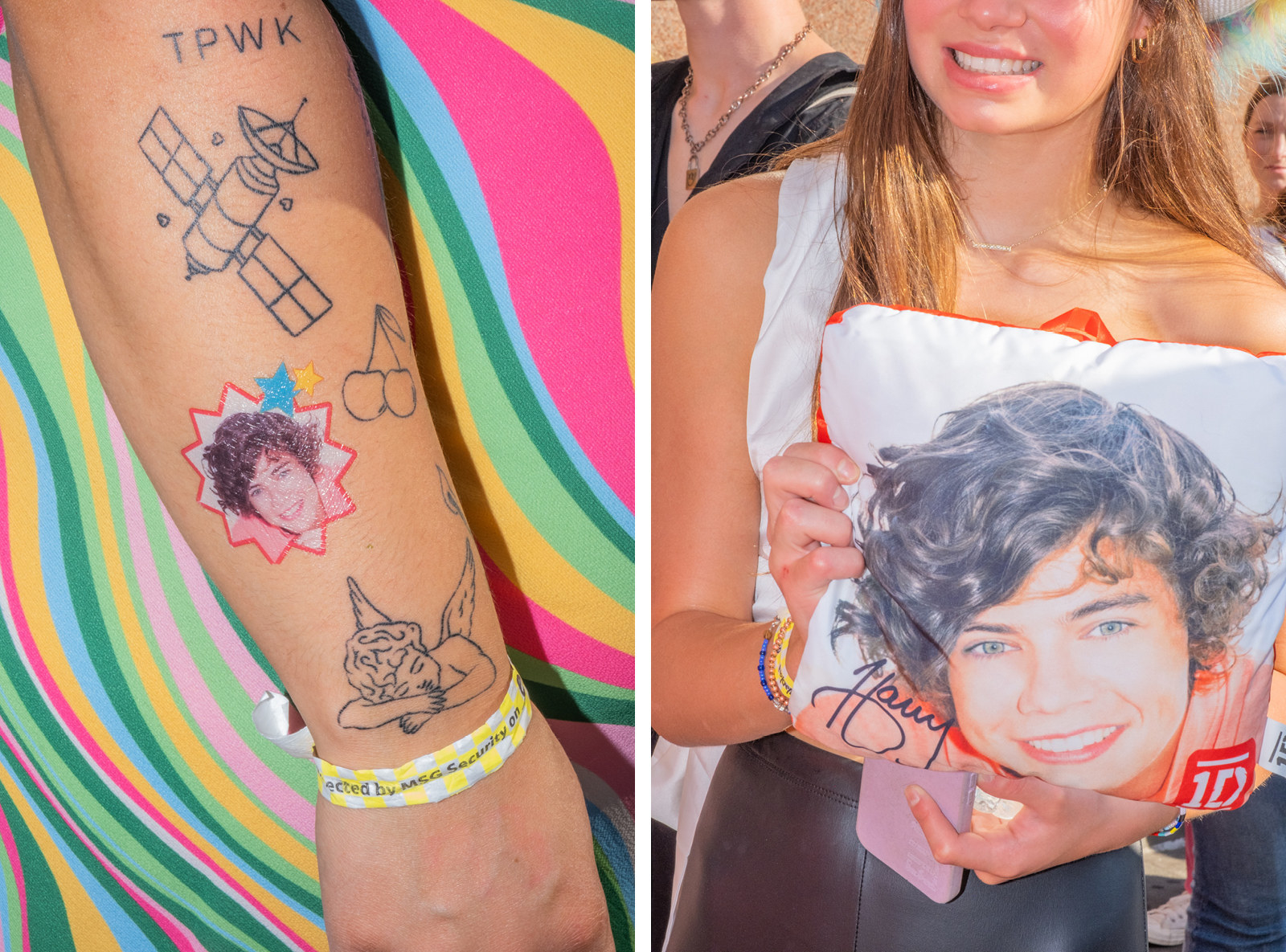 left: someone&#x27;s forearm covered in harry styles tattoos. right: a smiling woman holds a pillow with harry styles grinning face on it