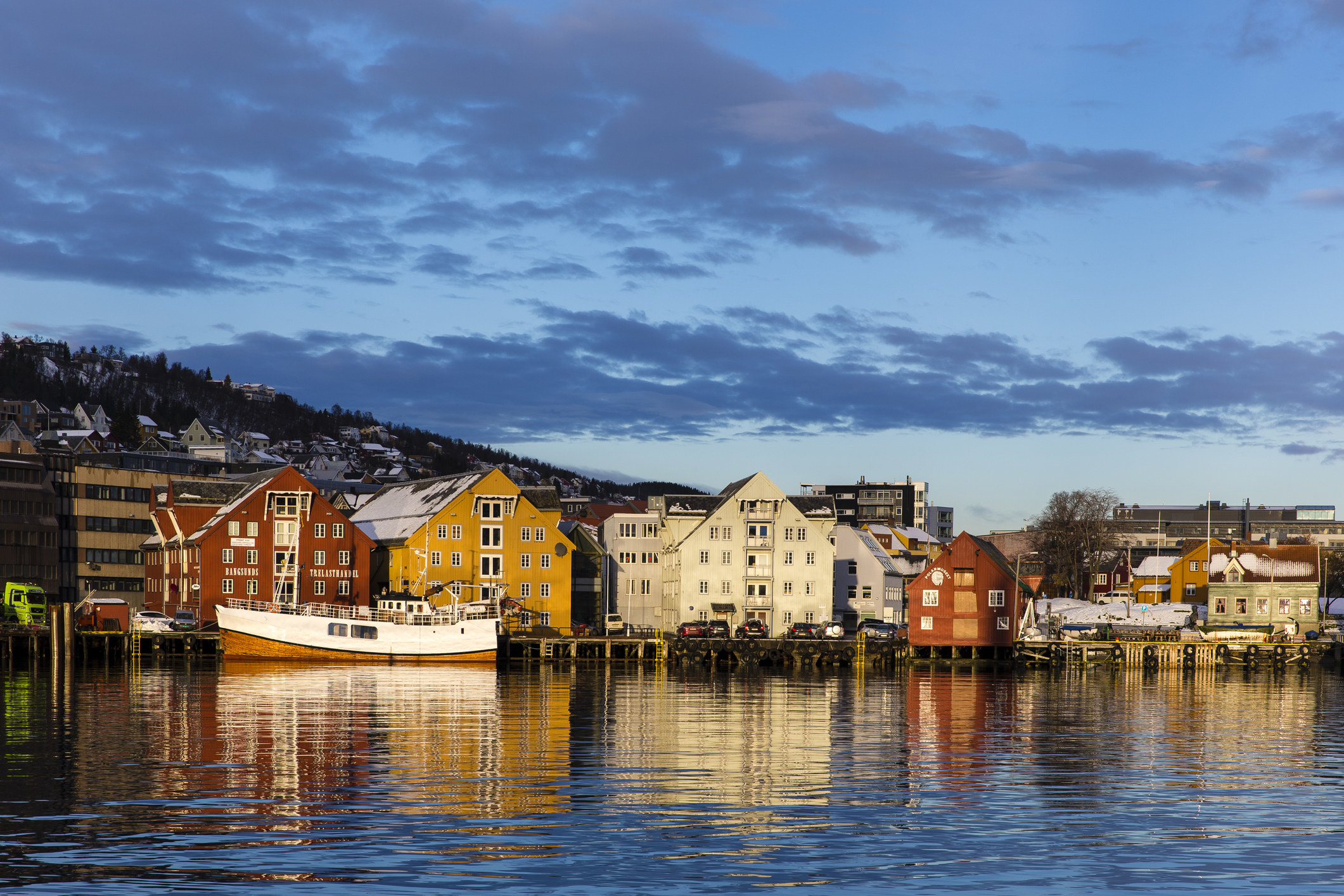 Colorful buildings on a harbor in Norway.