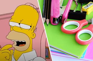 Homer Simpson is on the left with school supplies on the right