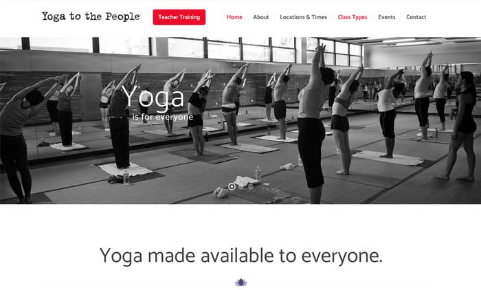 A website homepage shows people doing stretching to their right in a class with the words &quot;yoga is for everyone&quot; and &quot;yoga made available to everyone&quot;