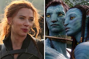 On the left, Natasha Romanoff in Black Widow, and on the right, Jake and Neytiri in Avatar