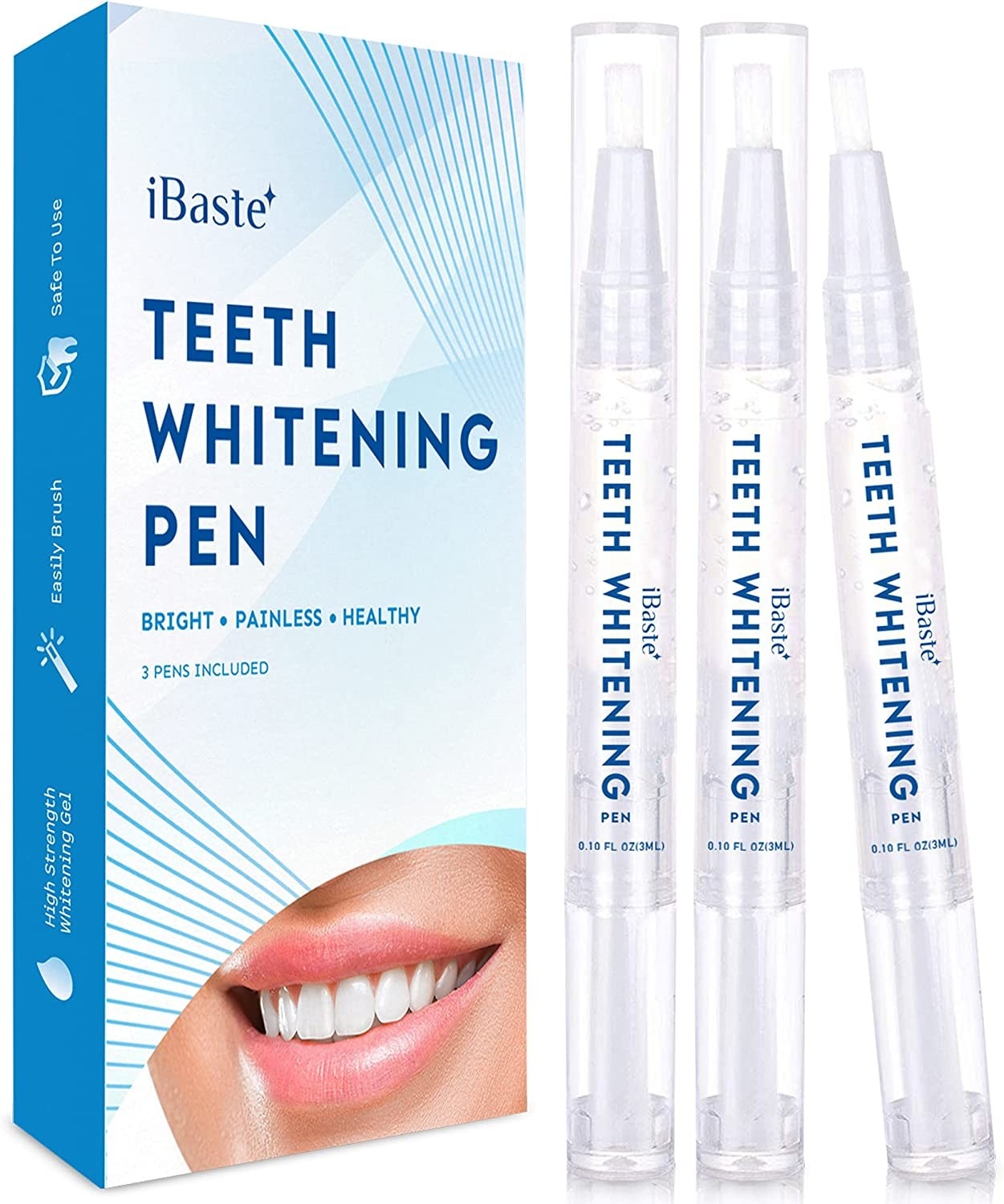 Three of the teeth whitening pens beside the packaging