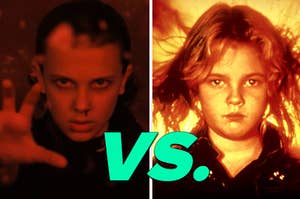 Eleven from "Stranger Things" is on the left with Charlie from "Firestarter" on the right labeled, "vs."