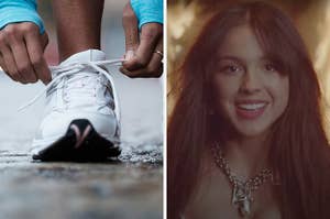 On the left, someone tying their shoe, and on the right, Olivia Rodrigo smiling as fire burns behind her in the Good 4 U music video
