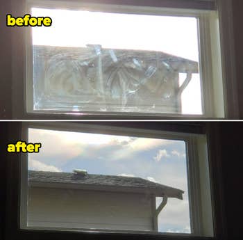 before image of a grimy window and after image of it clear 