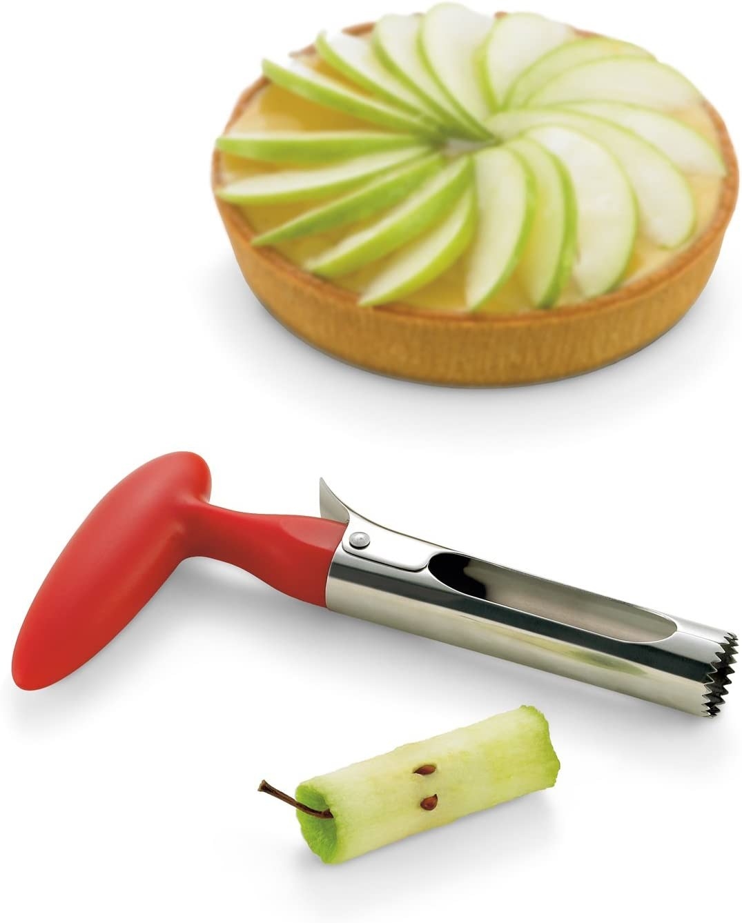 The apple corer beside sliced apples and an apple core