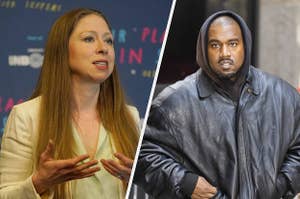 Chelsea Clinton wears a yellow blazer with her hair down her shoulders. Kanye West wears a leather jacket over a brown hoodie.
