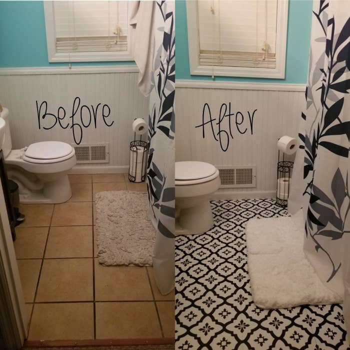 Reviewer&#x27;s before and after photos of their bathroom floor with and without the tile