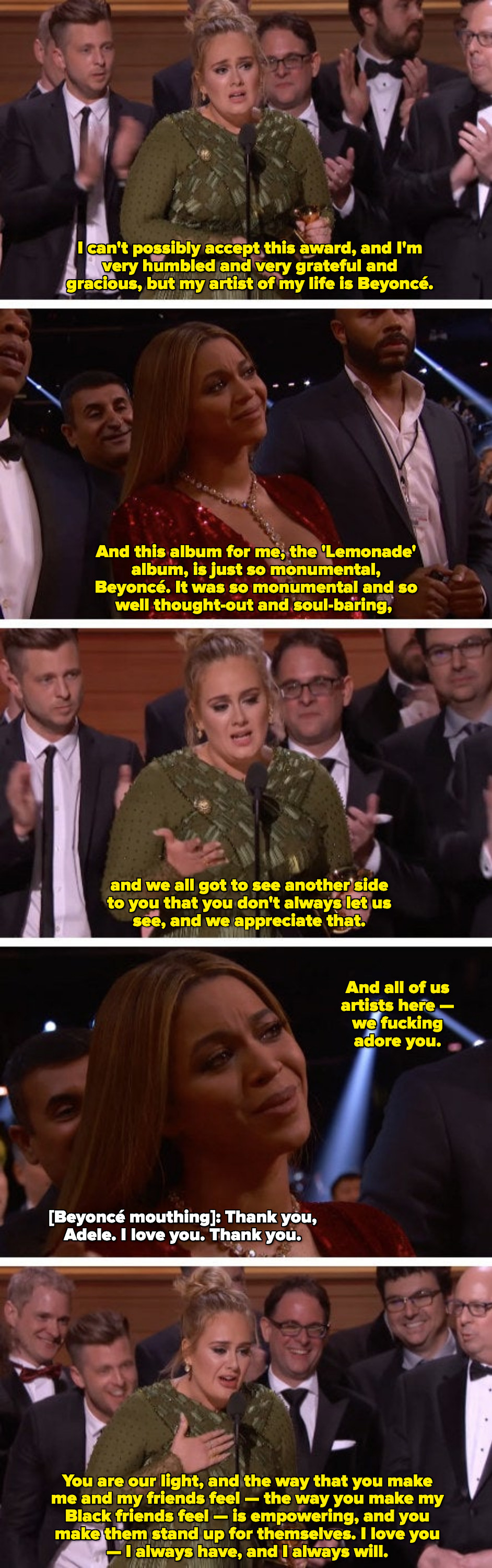 Adele praising Beyoncé for the &quot;Lemonade&quot; album, saying it was monumental and &quot;So well thought-out and soul-baring&quot;