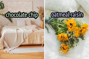 On the left, a bed pressed against an exposed brick wall with fairy lights on it labeled chocolate chip, and on the right, a bouquet of wildflowers labeled oatmeal raisin