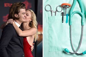 On the left, Maika Monroe kissing Joe Keery on the cheek, and on the right, the pocket of scrubs filled with medical instruments