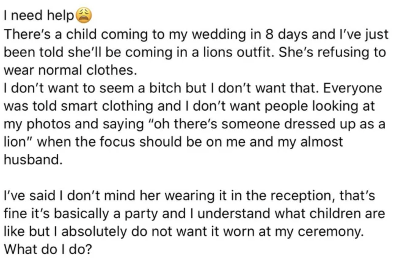 post asking what to do about a child wanting to wear a lion outfit to the wedding