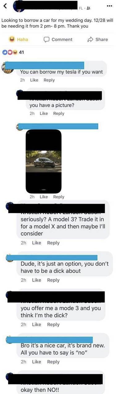 someone offering their tesla and the person responding that it&#x27;s not nice enough