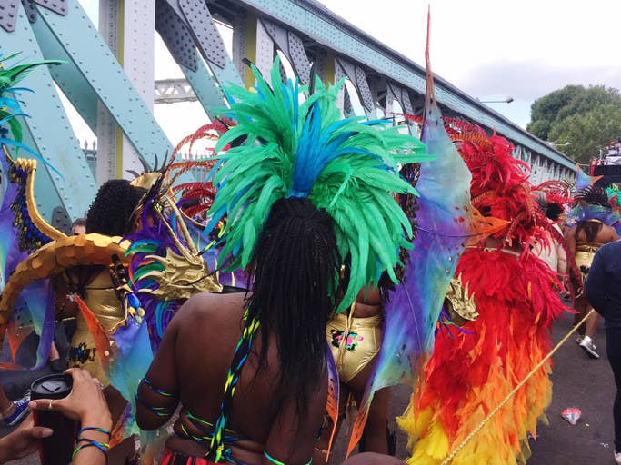 Dancers in costumes during Notting Hill Carnival. 
