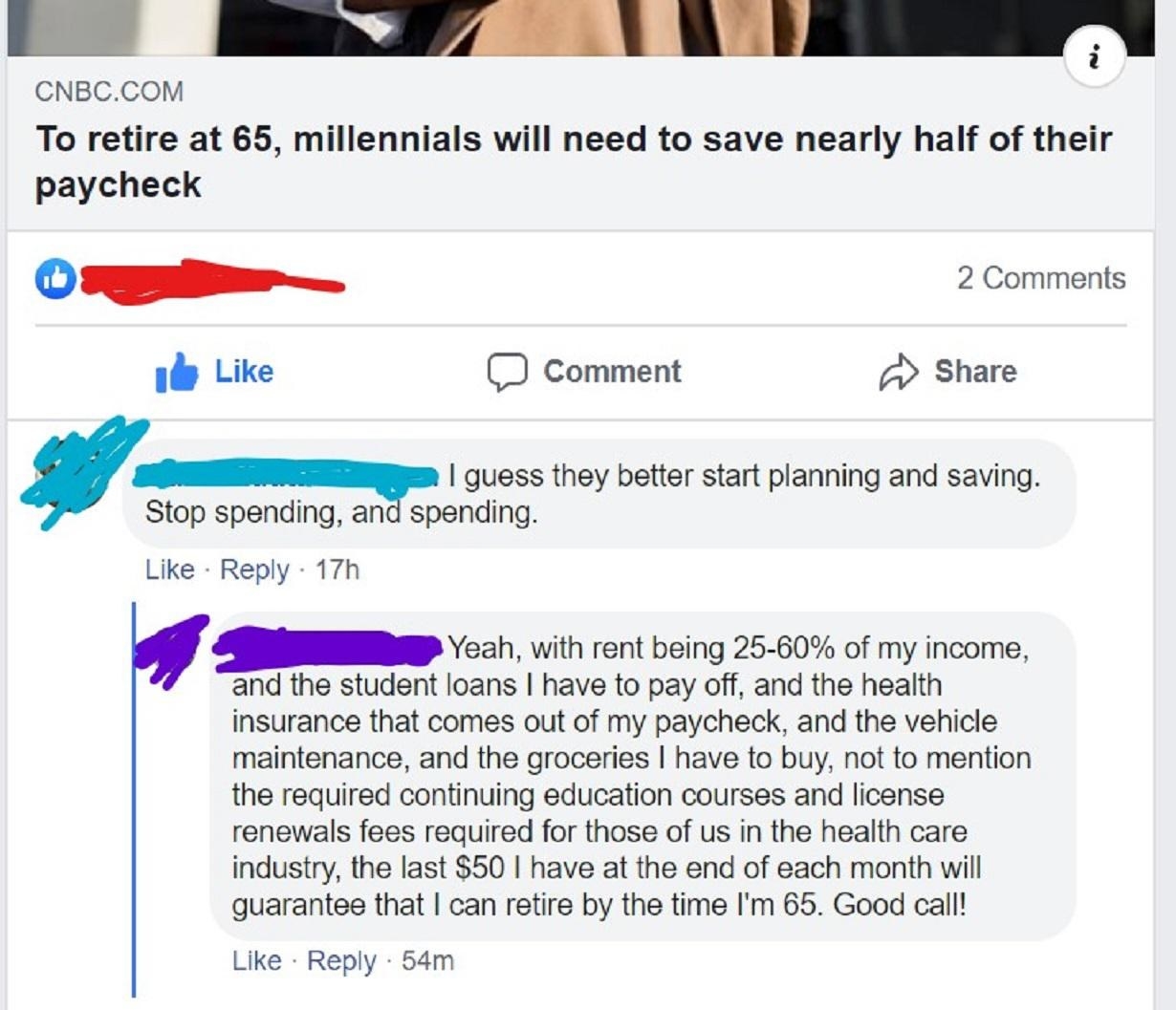 person spelling out to a boomer why it is so hard to save