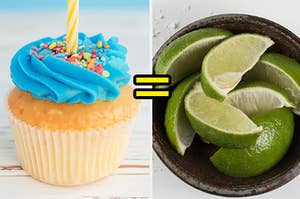A cupcake with brightly colored frosting and a bowl of sliced limes