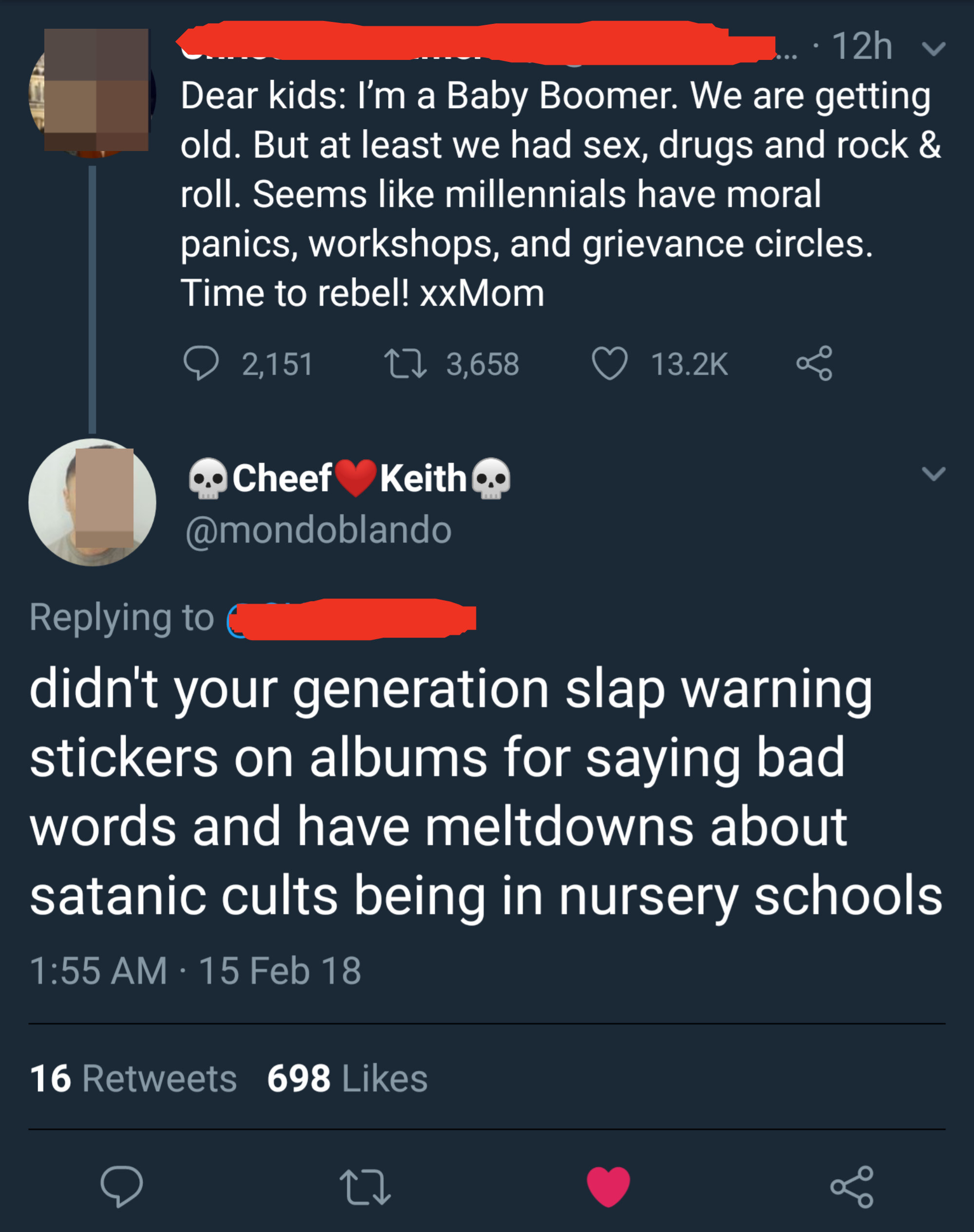 boomer tries to talk about sex drugs and rock but someone replies you are the generation that led to stickers on albums