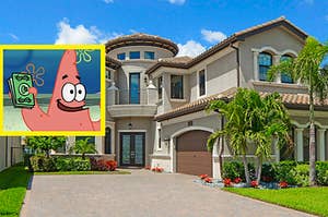 Patrick Star holds his money in his hand and a two story Spanish mansion 