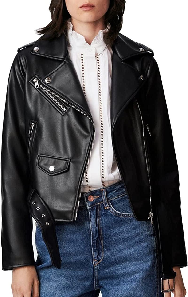 a person wearing the faux-leather motorcycle jacket with jeans