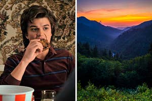 On the left, Steve from Stranger Things eating fried chicken, and on the right, the Great Smoky Mountains at sunset