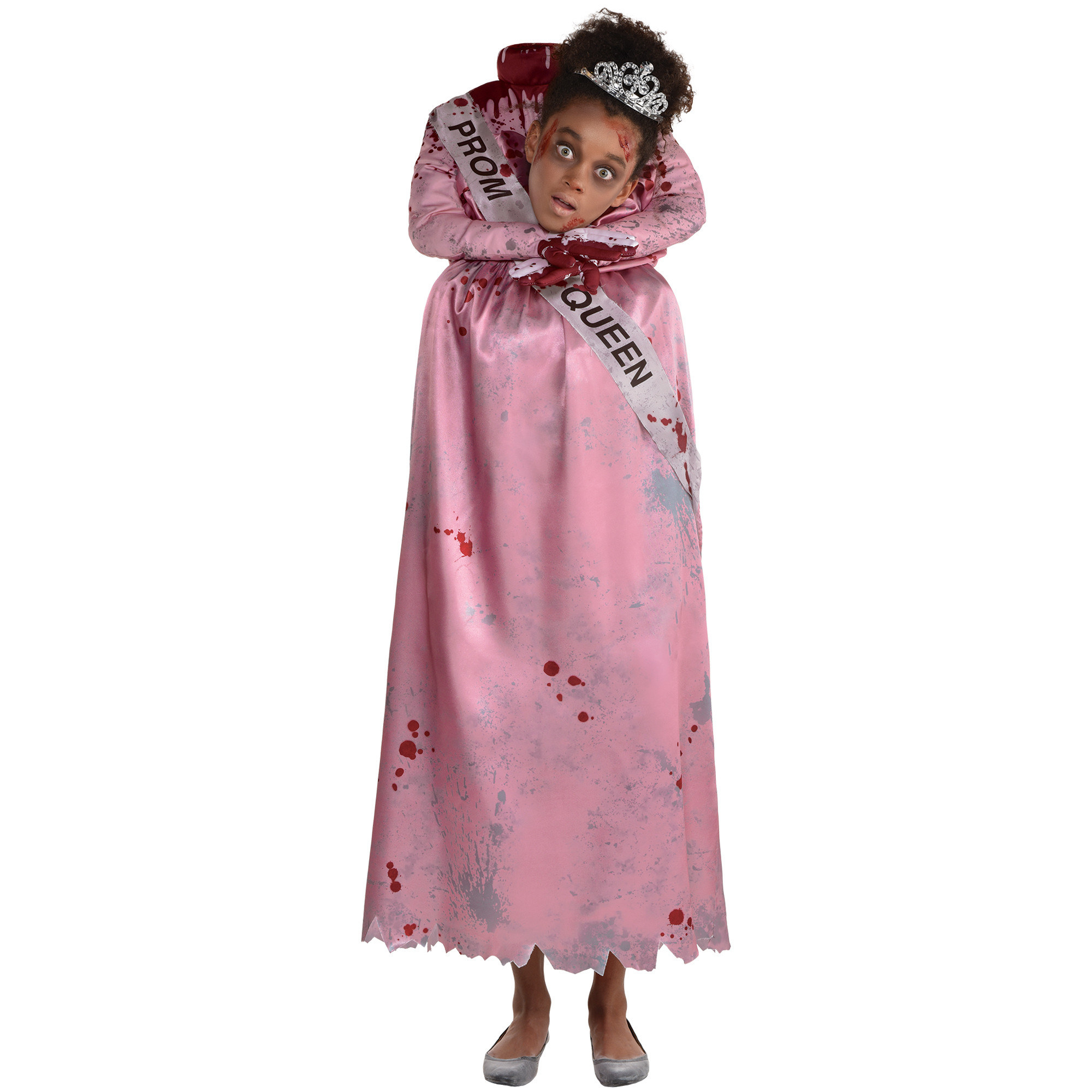 girl in haunted prom queen costume with missing head