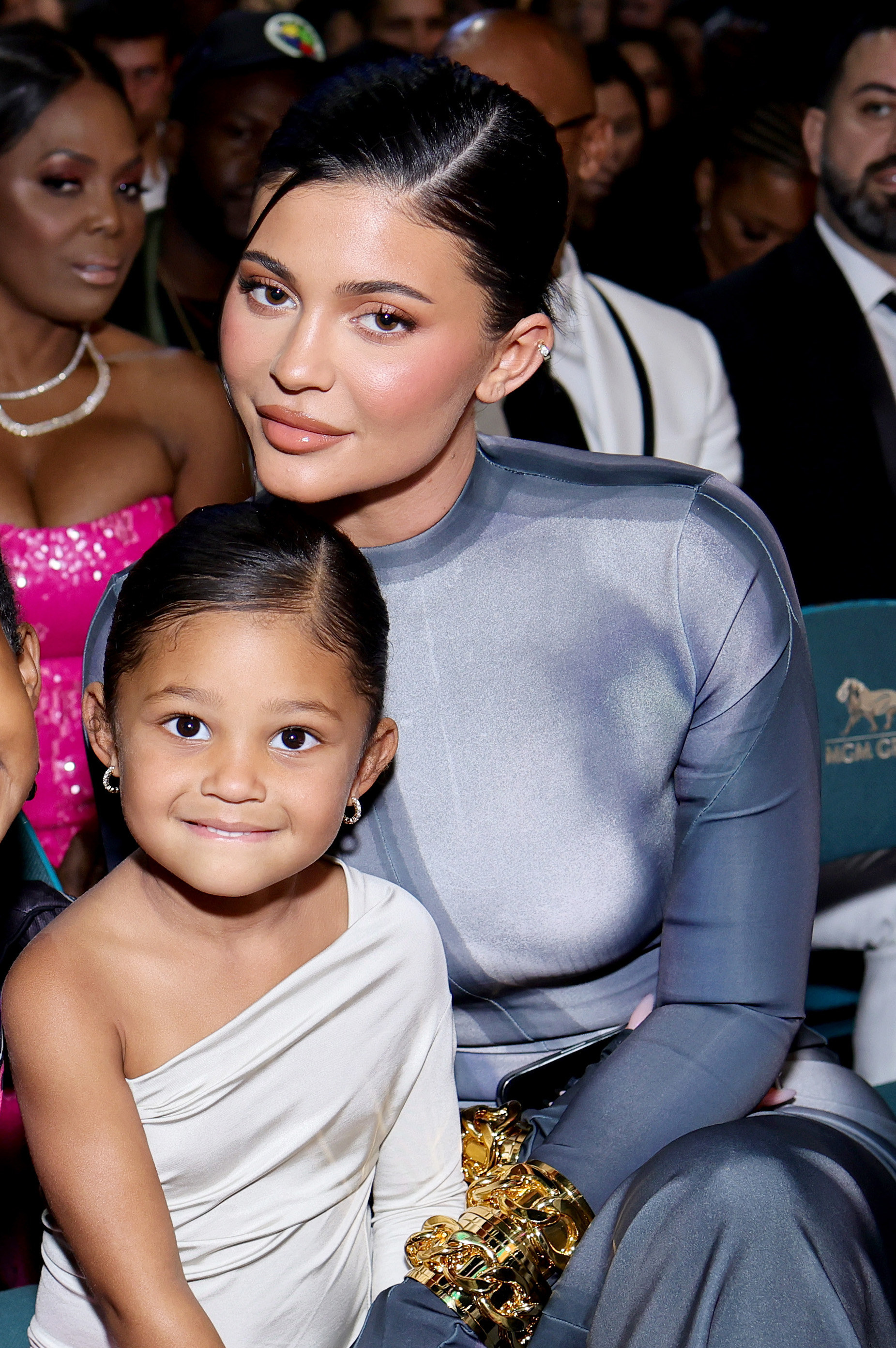 A closeup of Kylie and Stormi