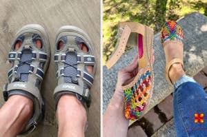 Two images of people wearing closed toe sandals in blue and gray and tan