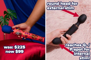 Woman sleeping next to blue wand vibrator and reviewer holding mini pink wand vibrator