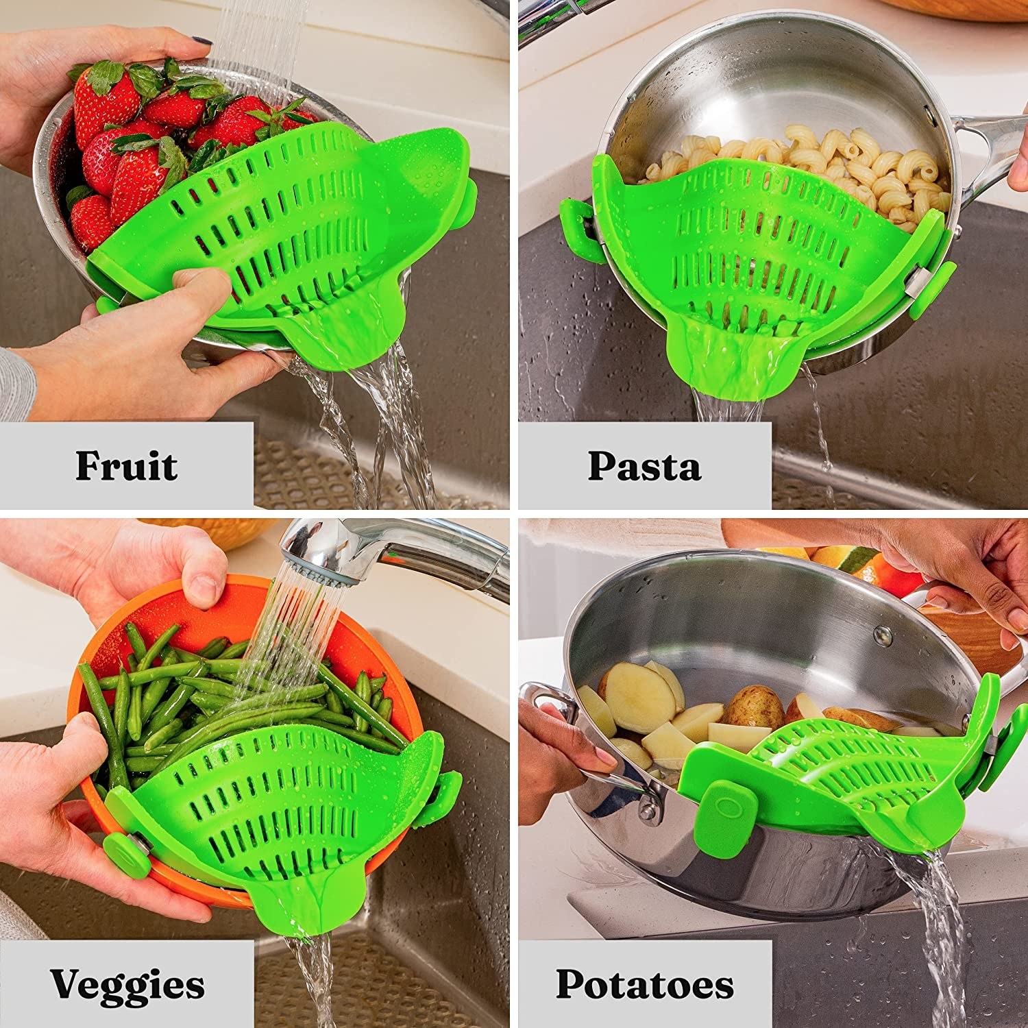 The strainer on four different pots, straining fruit, pasta, veggies, and potatoes