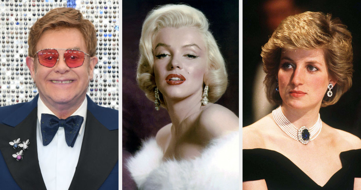 Side-by-side of Elton John, Marilyn Monroe, and Princess Diana