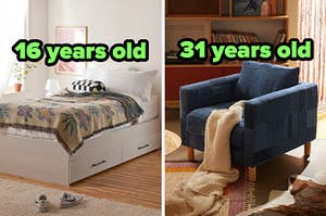 On the left, a bed with drawers underneath it labeled 16 years old, and on the right, a denim armchair near a window labeled 31 years old