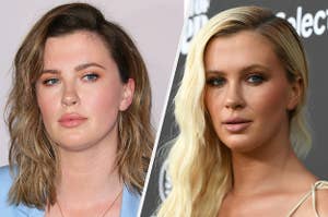 Ireland Baldwin wears a powder blue blazer with orange eye makeup and her hair cut short. She's also seen in a beige dress with her hair in long, beachy waves.