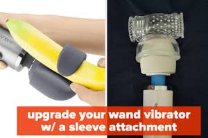 Model demonstrating wand attachment on banana and transparent sleeve attachment on wand