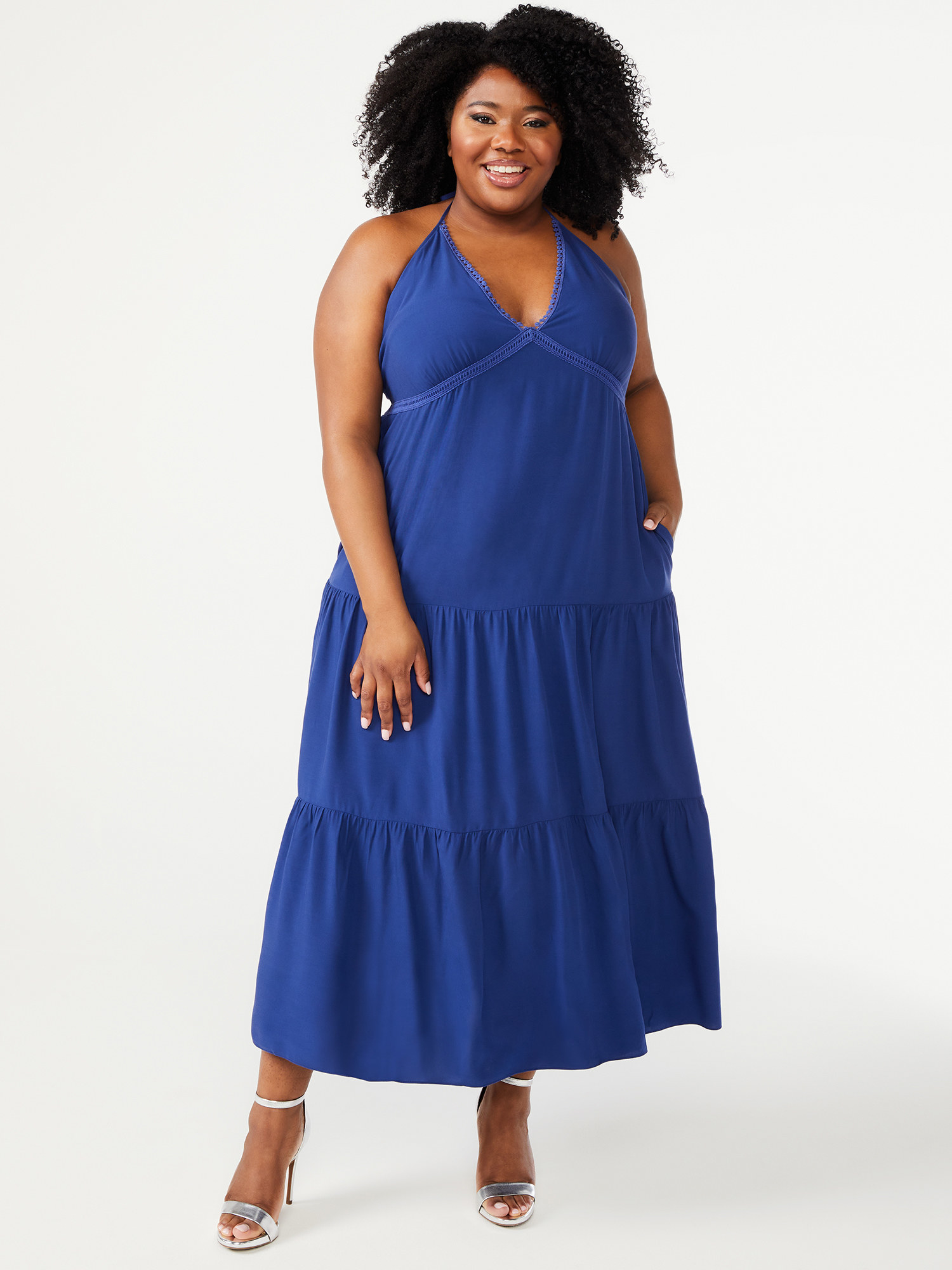 Model wearing the blue dress