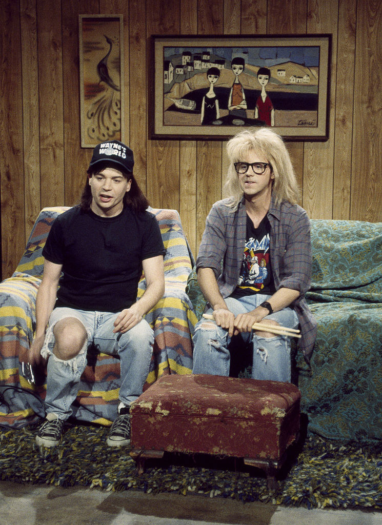 Mike and Dana in character on the show in a Wayne&#x27;s World segment