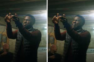 Split screen photo of Kevin Hart from the movie trailer