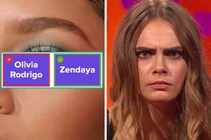 On the left, a closeup of an eyebrow identified as Olivia Rodrigo's but that is actually Zendaya's, and on the right, Cara Delevigne furrowing her brows
