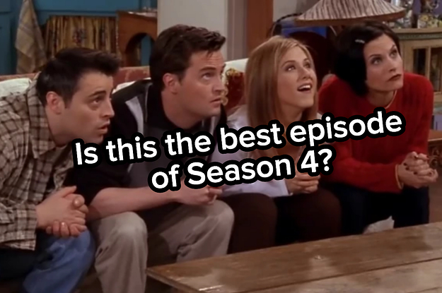 Joey, Chandler, Rachel, and Monica lean forward from their seats on the couch