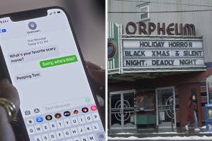 a text exchange reading what's your favorite scary movie then sorry who's this then peeping tom and a movie theater marquee reading black xmas and silent night deadly night