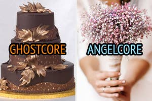 在左侧，一个三层巧克力婚礼蛋糕上贴有金色叶子，标有Ghost Core，在右边，一个新娘拿着一束带有婴儿呼气的花束，上面标有Angel core