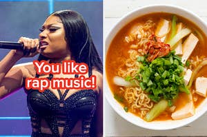 Megan Thee Stallion raps into a microphone and an overhead shot of a bowl of tofu ramen