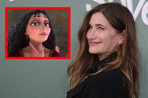 A close up of Mother Gothel rubbing her neck and Kathryn Hahn smiling