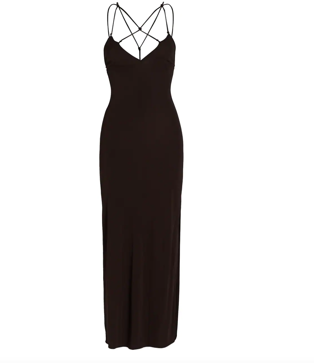 Floor-length black dress with strappy back