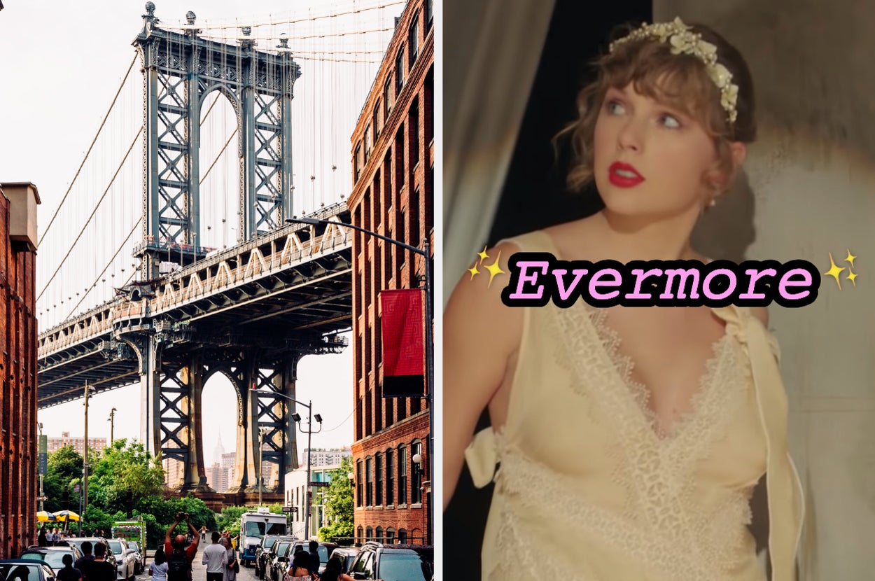 On the left, the Brooklyn bridge on a cloudy day, and on the right, Taylor Swift in the Willow music video labeled Evermore