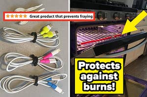 L: a reviewer photo of charging cables with silicone protectors on each end and a five-star review titled "Great product that prevents fraying", R: a reviewer photo of an open oven with silicone rack guards and text reading "Protects against burns!"