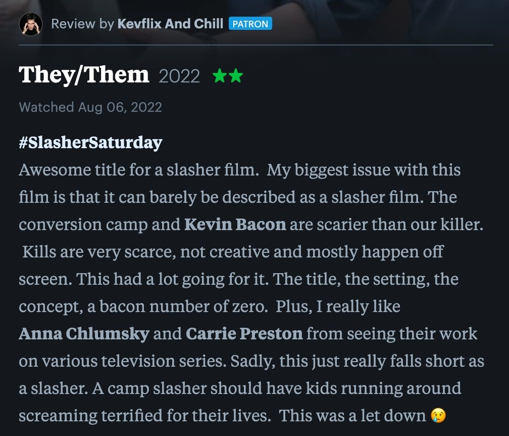 2 star Letterboxd review on They/Them