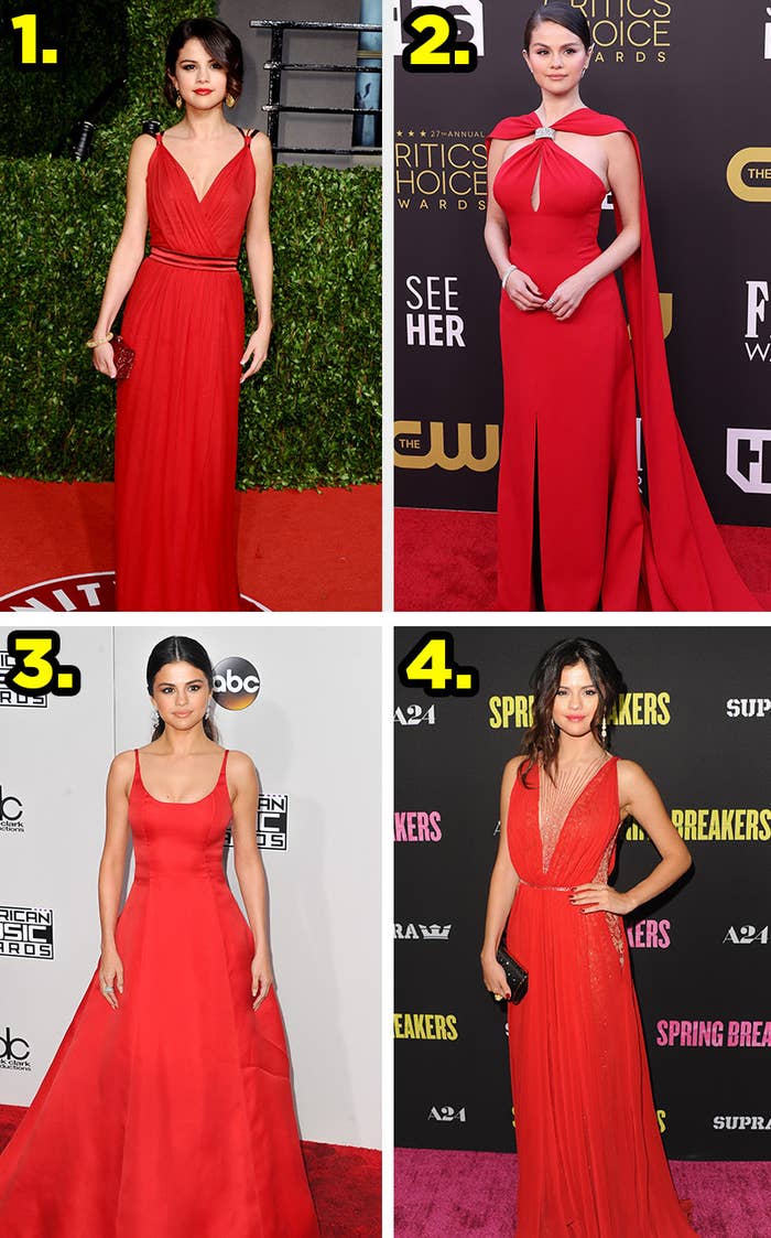 Selena wears four different red gowns on red carpets