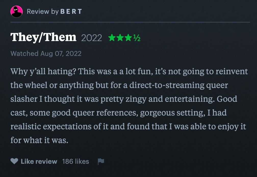 3.5 star Letterboxd review on They/Them