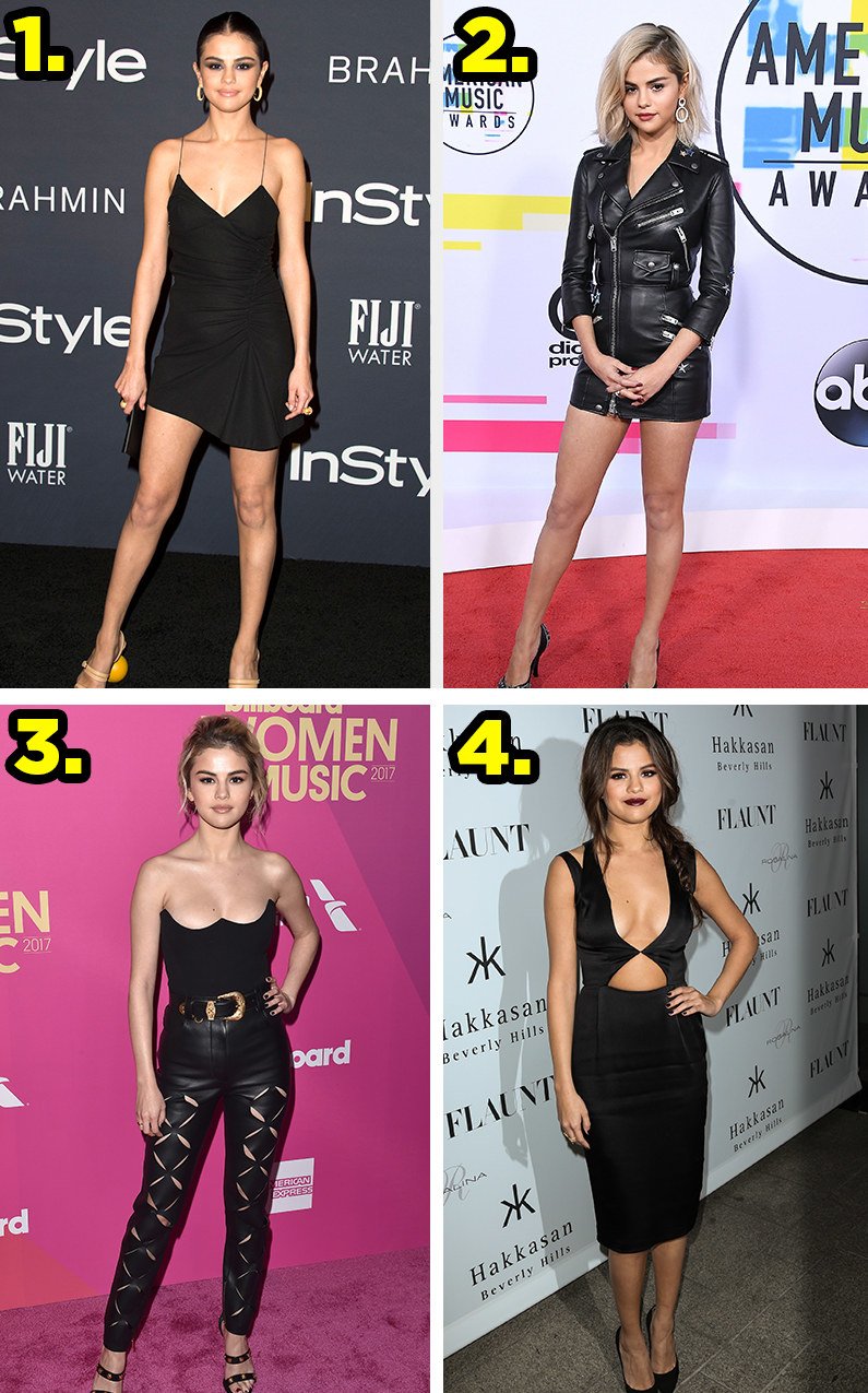 Selena wears three black dresses and a jumpsuit on a red carpet